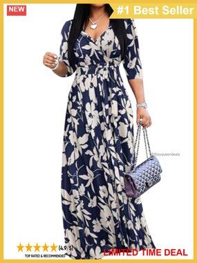 Women's Casual Maxi Dress Plus Size Wrap V Neck 3/4 Sleeve Sundress Pockets